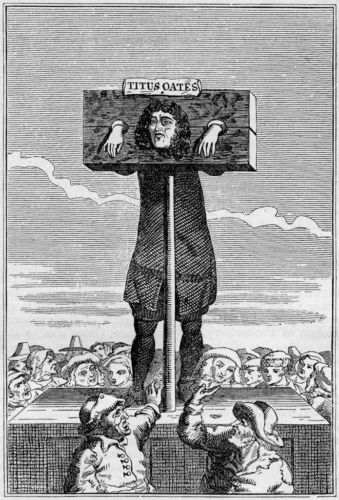 A 17th-century engraving of Titus Oates in the pillory, where he was publicly punished in 1685 after being convicted of perjury.