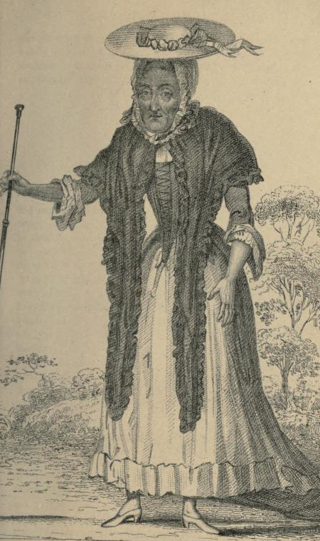 Engraving by Robert Cooper, c. 1821. Jane Luson in the George I-era costume she wore unchanged for eighty years. Died 1816. The Observer said she was 116. The burial register said 96.