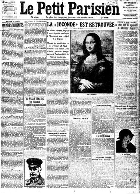 Front page of Le Petit Parisien, December 1913, announcing the Mona Lisa had been found after more than two years missing.