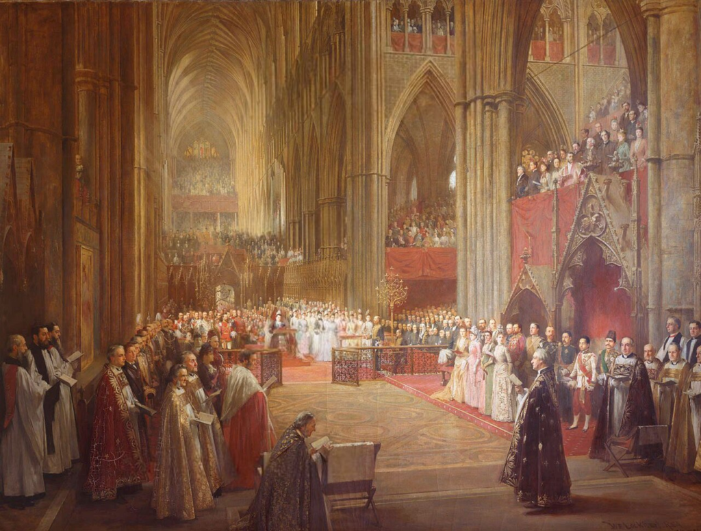 A painting depicting Queen Victoria's Golden Jubilee service at Westminster Abbey on June 21, 1887, where heads of state and royals from across the world gathered to mark her 50th year on the throne.