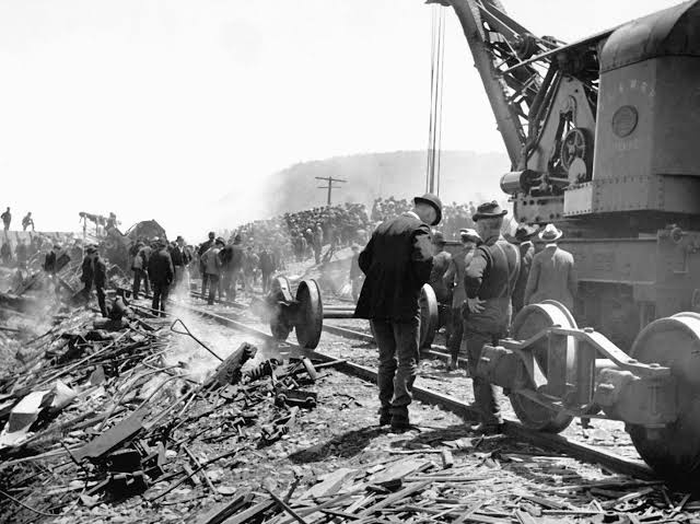 Workers and bystanders pick through the wreckage after Buffalo Bill's Wild West show train collided with another locomotive near Lexington, North Carolina, in October 1901. Annie Oakley was pulled from the debris with serious injuries that kept her off the stage for months.