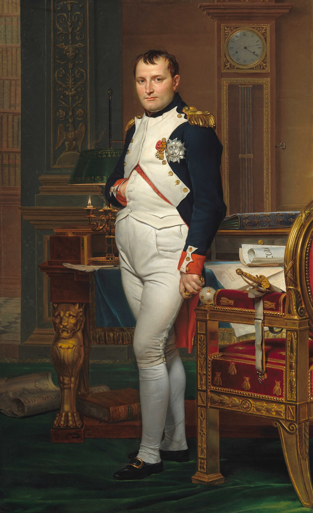 Napoleon Bonaparte, painted in 1812 by Jacques-Louis David. Fourteen years before this portrait was made, Napoleon had Pauline Fourès' husband shipped to Paris on a fake mission so he could pursue her freely in Cairo.
