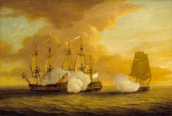 A naval engagement between sailing warships, typical of the Napoleonic-era encounters that shaped Pauline's story. When HMS Lion intercepted Le Chasseur in late 1798, the British captain found Fourès' dispatches were useless and sent him straight back to Cairo.
