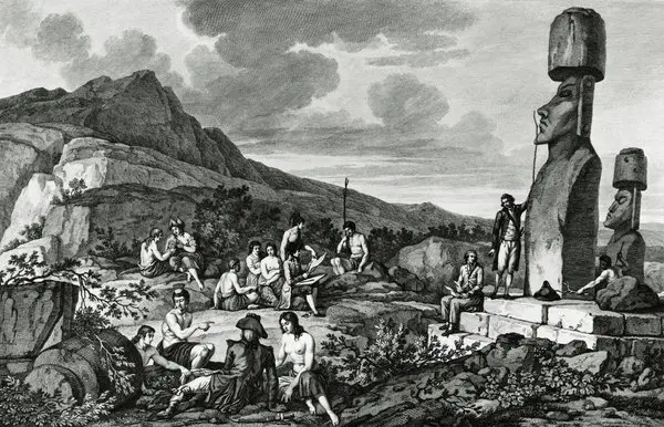 A historical engraving shows Rapa Nui people and European visitors near the island's moai statues, before the population was nearly wiped out.