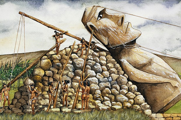 An illustration shows Rapa Nui workers raising a moai statue. The civilization that built these monuments was already broken before Dutrou-Bornier arrived.