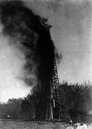 An oil well blows a gusher at the Cushing-Drumright Oil Field in Oklahoma, the same field that made Sarah Rector's 160-acre allotment one of the most valuable plots of land in the country.