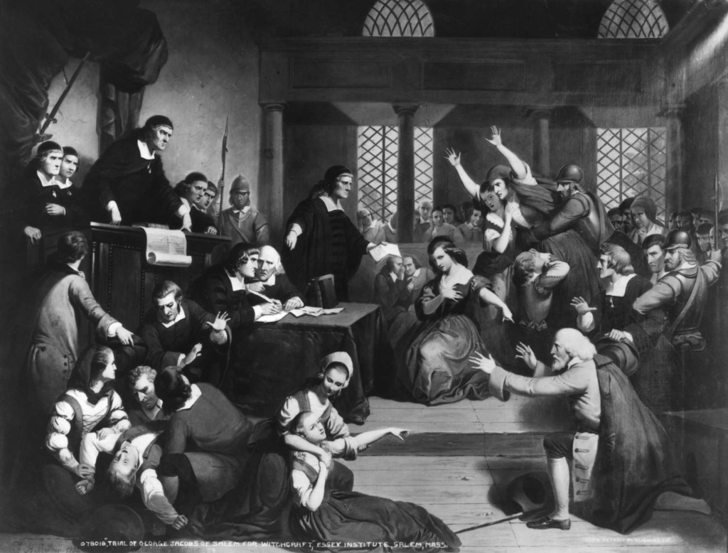 Detroit Publishing Co. T.H. Matteson's 1855 painting of a Salem witch trial. Tituba's 1692 confession helped fill courtrooms like this one.