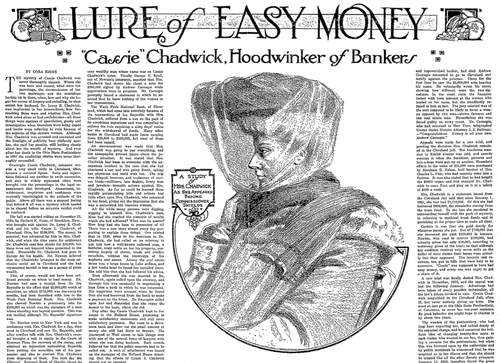 A newspaper illustration of Cassie Chadwick as she appeared before Commissioner Shields, published as her fraudulent Carnegie heiress scheme unraveled in 1904.