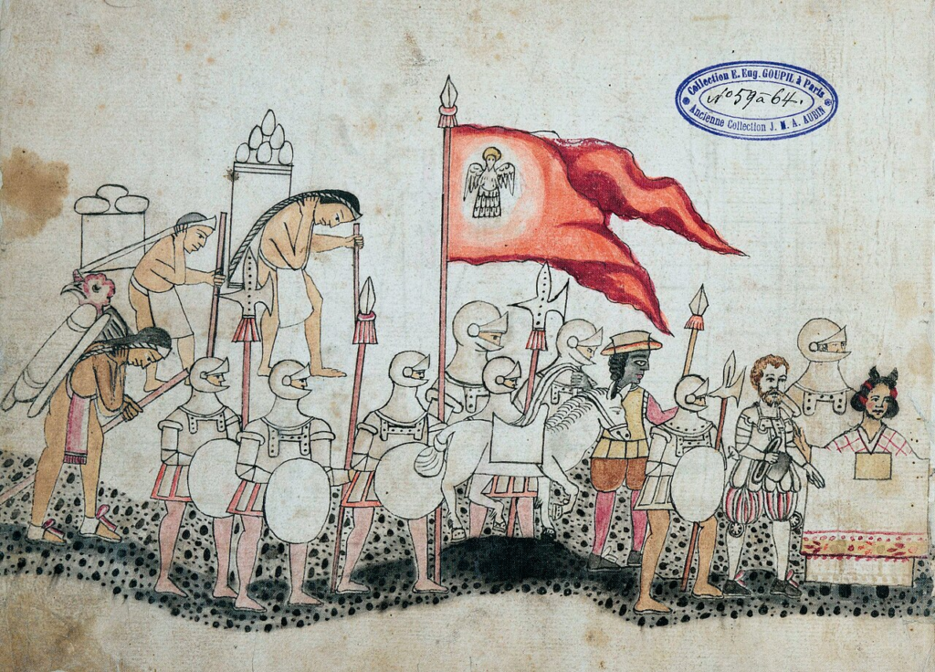 Bibliothèque nationale de France. A colonial-era indigenous manuscript showing Spanish soldiers and their native allies during the conquest of Mexico, c. 1519 to 1521.
