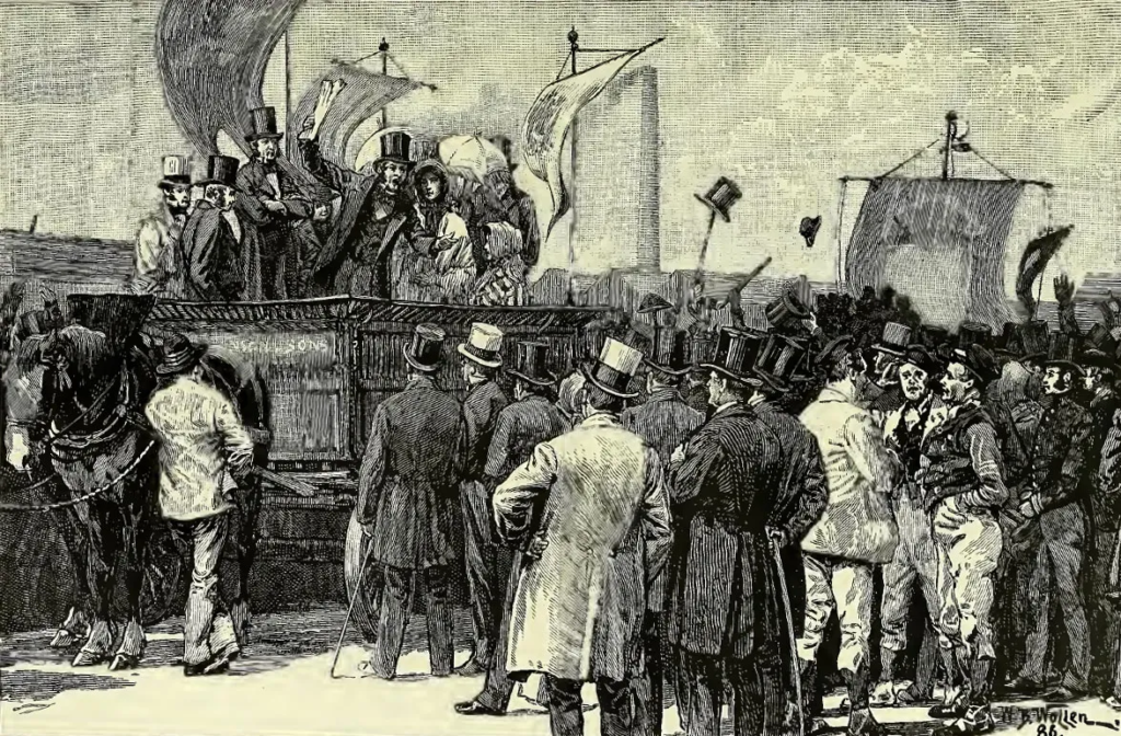 A Victorian crowd scene from 1886, the era in which Lillie Langtry turned social scandal into a stage career that spanned two continents.