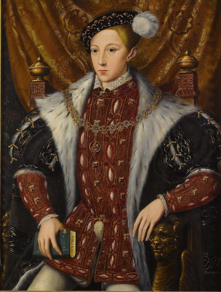 Edward VI of England, painted around 1546, holding a Bible. He became king at nine years old and died at fifteen, triggering the crisis that cost Gates his life.
