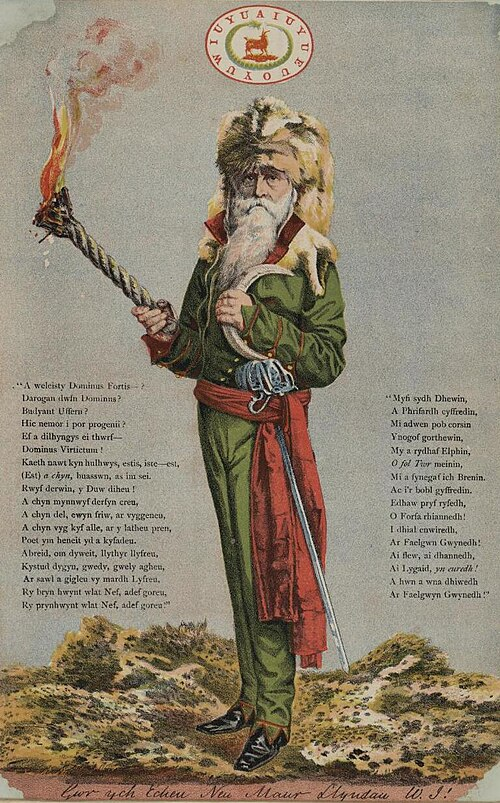 A period illustration of Dr. William Price in his druidic attire the green coat, fox-fur hat, and long white beard he wore as a deliberate act of defiance.