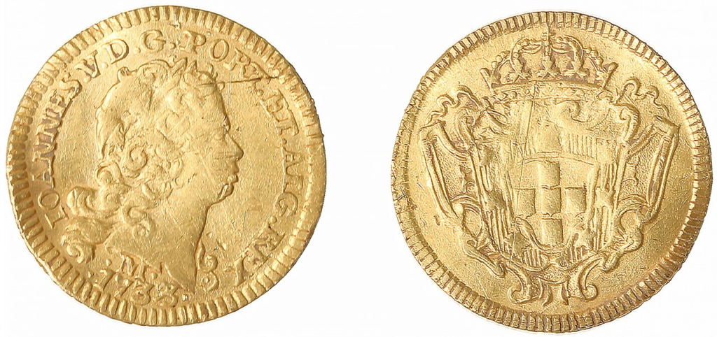 A Portuguese gold coin from King John V's reign, 1733. Brazilian gold funded his kingdom and Paula de Odivelas's silver bathtub.