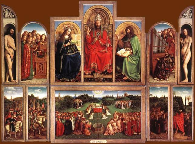 The Ghent Altarpiece by Hubert and Jan van Eyck, 1432. The lower left panel showing mounted riders is the Just Judges, stolen in 1934 and never recovered.