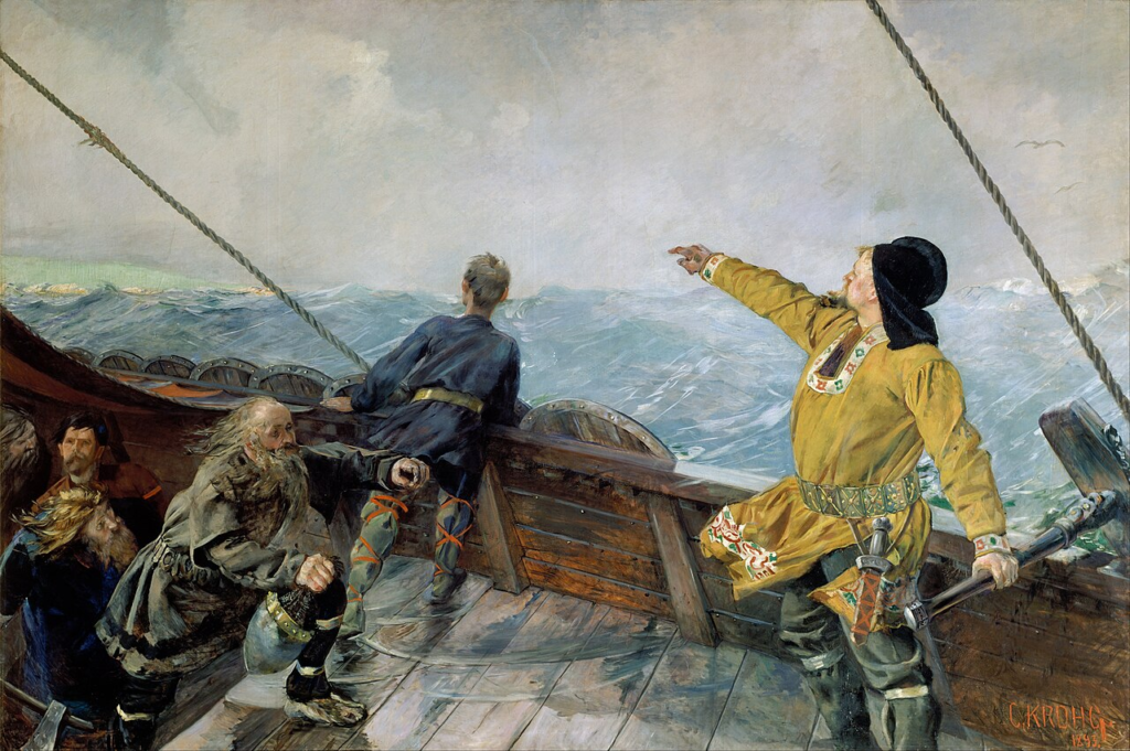 Christian Krohg's 1893 painting of Leif Eriksson sighting North America. Karlsefni followed Eriksson's route roughly a decade after this depicted moment.