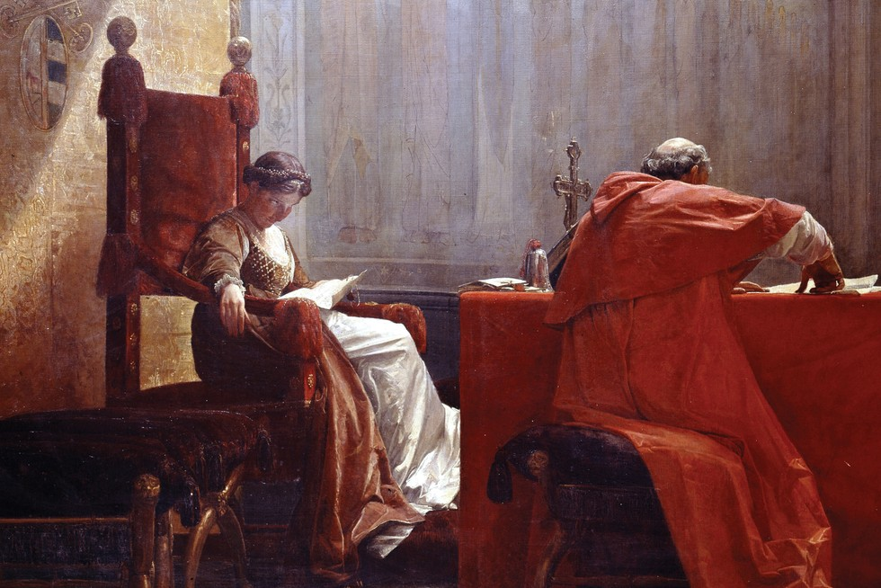Lucrezia Borgia seated on the papal throne reading correspondence, as she did when she managed Vatican affairs for her father, Pope Alexander VI.