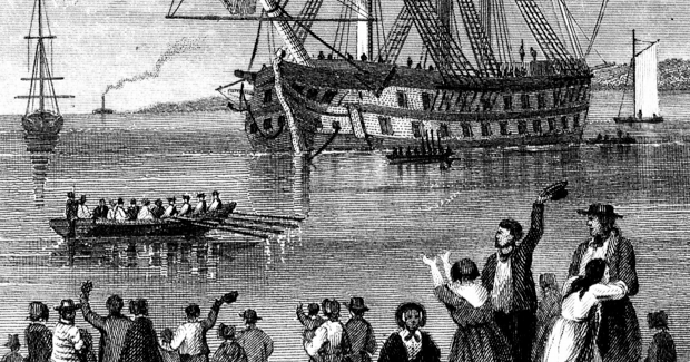 Families wave from shore as a convict ship departs England, bound for the penal colonies of Australia in the early 1800s.