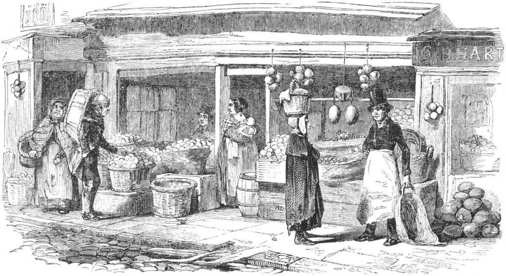 Project Gutenberg / Mayhew, London Labour and the London Poor A busy London street market in the 1800s, the kind of world James Hardy Vaux moved through as a young thief and swindler.