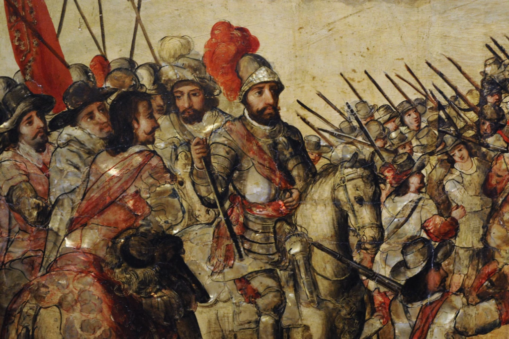 A colonial-era painting believed to depict Hernán Cortés leading his armored Spanish forces during the conquest of the Aztec Empire, c. 1519.