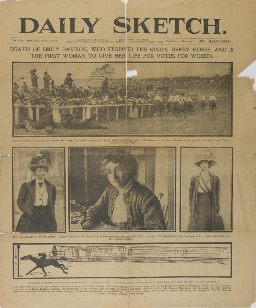 The Daily Sketch's June 9, 1913 front page announced Davison's death and called her the first woman to die for votes for women.