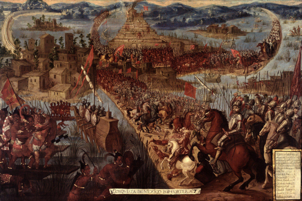 Museo Nacional de Historia. Conquista de Mexico por Cortes, a colonial-era painting depicting the 1521 siege of Tenochtitlan, the island capital of the Aztec Empire.